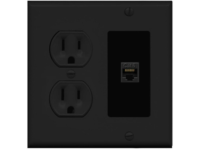 1 Port Cat6 Ethernet Wall Plate Jack Female-Female - Round Outlet [Black/Black]