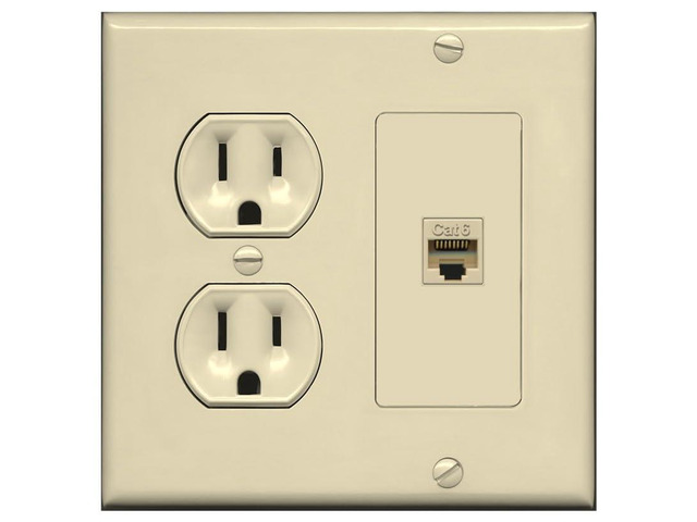 1 Port Cat6 Ethernet Wall Plate Jack Female-Female - Round Outlet [Ivory/Ivory]