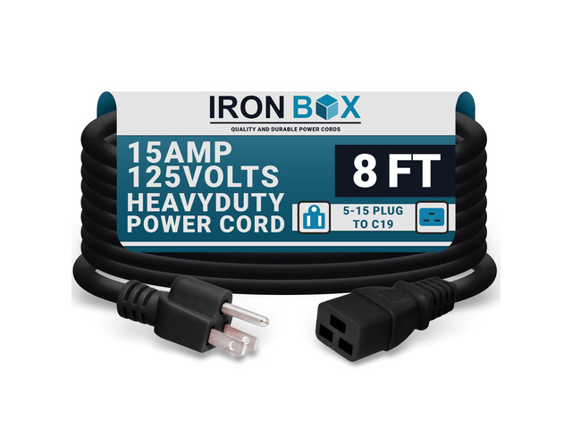 IronBox Electric - Heavy Duty 5-15P to C19 Power Cord - 15A, 125V, 14/3 SJT Jacket - Computer Power Supply Extension Cords - PSU Wire Connectors -...