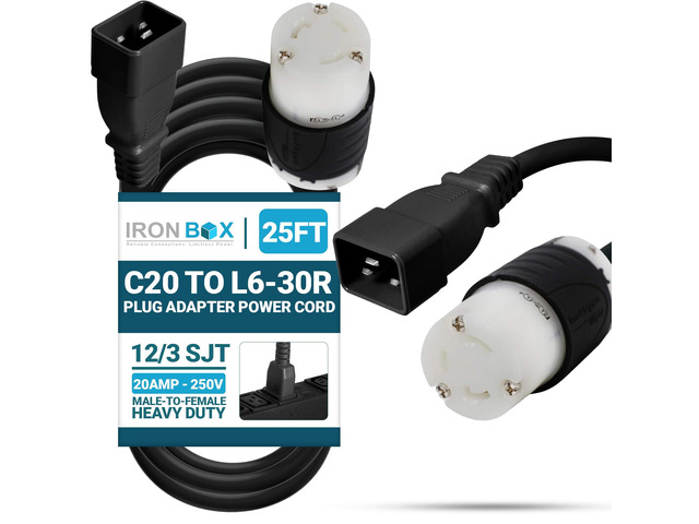 IronBox Electric IEC C20 to L6-30R Plug Adapter Power Cord - 20A, 250V, 12/3 SJT - UL Listed Power Supply - Heavy Duty Extension Cable for Data...