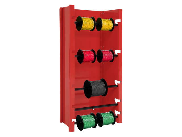 Wall-Mounted Wire Spool Holder, 5-Rod Steel Storage & Display Rack Cable Dispenser for Electrical, Industrial & Retail - 26' x 13.7' x 6', Red/Black