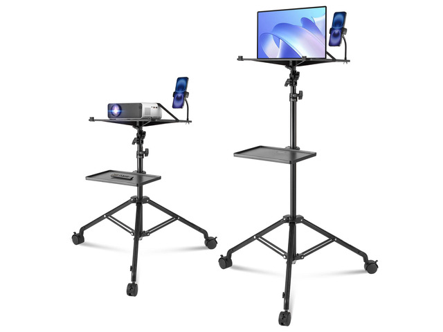 Projector Stand with Wheels, Laptop Stand Tripod Adjustable Height from 31.3 to 67.3', Projector Tripod Stand with 2 Trays & Gooseneck Phone...