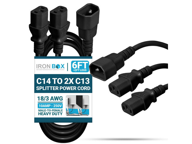 IronBox Electric IEC C14 to 2X C13 Splitter Power Cord - 10A, 250V, 18/3 AWG - UL Listed Power Extension Cable - Heavy Duty Adapter Cables for...