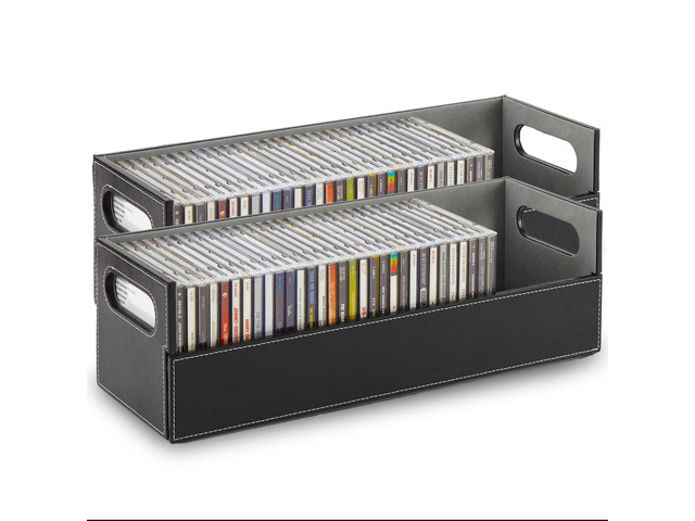 2- Pack CD Storage Box, Organizer Shelf for Movie Cases, DVDs, Cassette Tape Display Stand, Disc Holder Can Store Up to 40 CDs, Faux Leather (Black...
