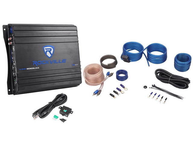 RVA600.1 1200W Peak Mono Car Amplifier with RWK10 Wiring Kit 200W RMS, 4-Ohm Class AB, RCA and High-Level Inputs, Low-Pass and Subsonic Filters,...