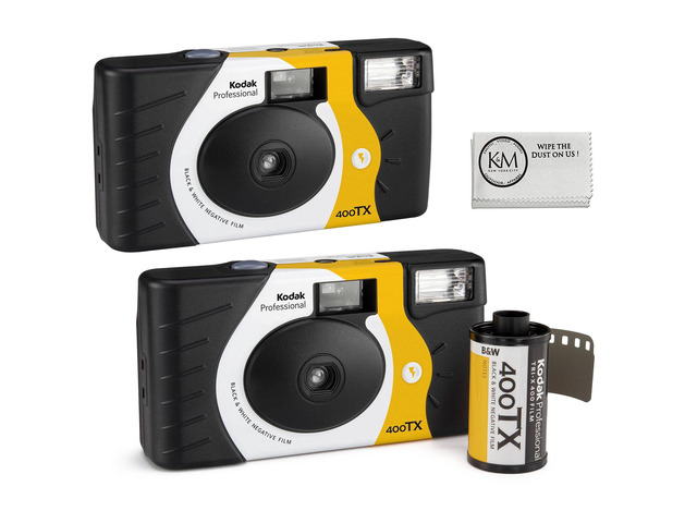 Tri-X 400 B & W Single-Use Flash Camera (2 Pack) (27 Exposures) with Microfiber Cleaning Cloth