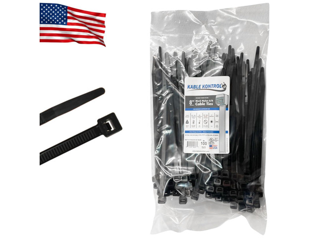 Made in USA Cable Ties, 8 Inch 100 Pcs, 120 Lbs Test Black Self-locking Zip Ties UV Resistant Plastic Nylon Wire Ties, for Indoor or Outdoor Use