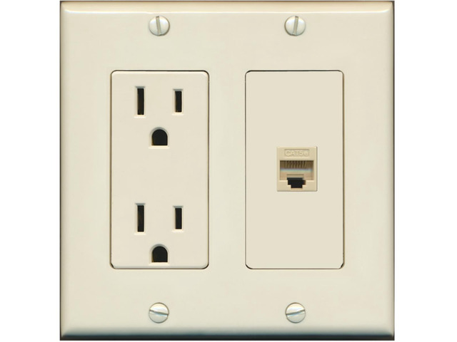 15 Amp Power Outlet and 1 Port Cat5e Ethernet Decorative Type Wall Plate - Light Almond