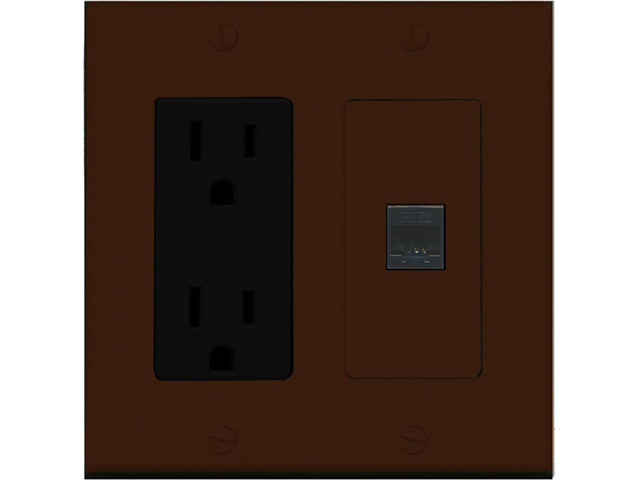 15 Amp Power Outlet and 1 Port Cat5e Ethernet Decorative Type Wall Plate - Brown