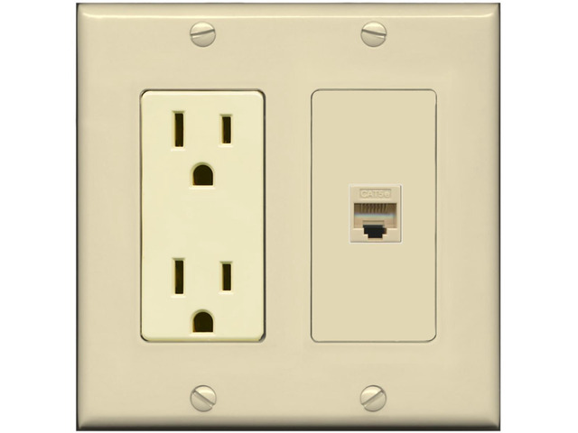 15 Amp Power Outlet and 1 Port Cat5e Ethernet Decorative Type Wall Plate - Ivory