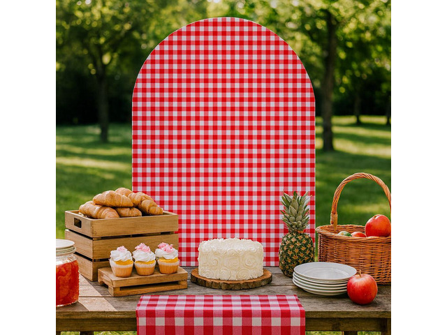 Red-and-White-Checkered Arch Backdrop Cover Kids Red Farm Parties Chiara Backdrops Decorations Arched Wall Covers Stands Display Props Farm Banner...