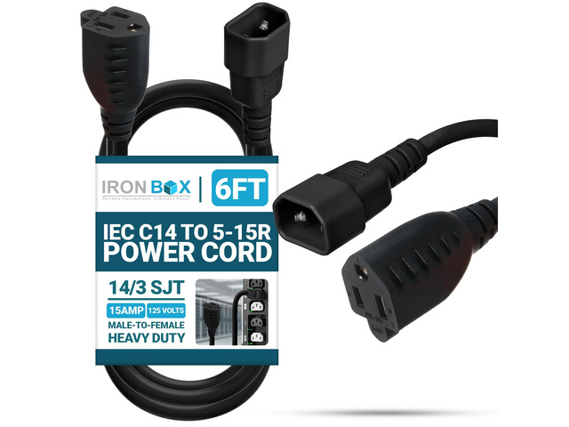 IronBox Electric IEC C14 to 5-15R Power Cord - 15A, 125V, 14/3 SJT - UL Listed Power Cord Adapter - Heavy Duty Plug & Connector Extension Cable for...