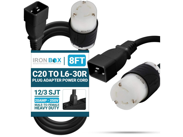 IronBox Electric IEC C20 to L6-30R Plug Adapter Power Cord - 20A, 250V, 12/3 SJT - UL Listed Power Supply - Heavy Duty Extension Cable for Data...