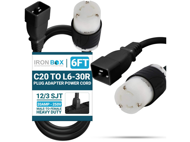 IronBox Electric IEC C20 to L6-30R Plug Adapter Power Cord - 20A, 250V, 12/3 SJT - UL Listed Power Supply - Heavy Duty Extension Cable for Data...