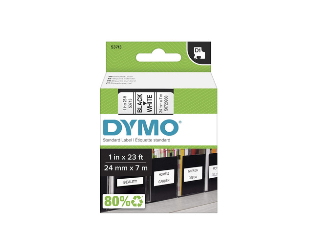 Authentic Standard D1 53713 Labeling Tape (Black Print on White Tape, 1'' W x 23' L, 1 Cartridge), Package May Vary