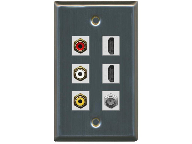 3 x RCA - 2 X HDMI and 1 x Coax Cable TV Port Wall Plate - Stainless Steel