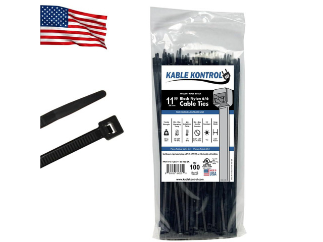 Made in USA Cable Ties, 11 Inch 100 Pcs, 50 Lbs Test Black Self-locking Zip Ties UV Resistant Plastic Nylon Wire Ties, for Indoor or Outdoor Use