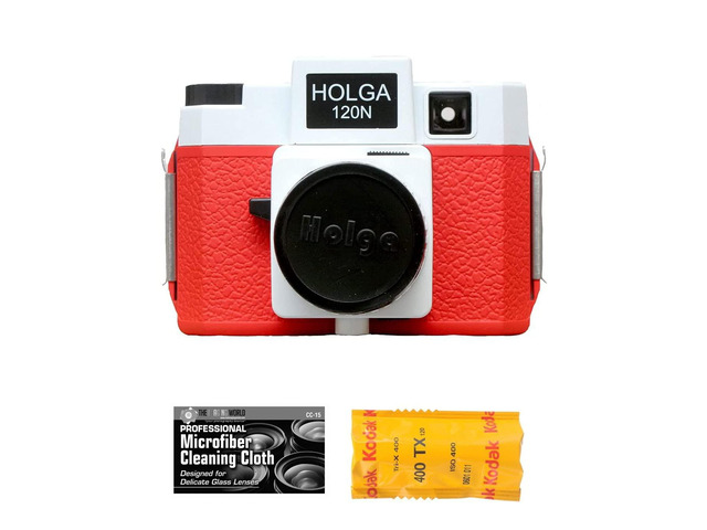 Holga 120N Medium Format Film Camera (Red/White) with Kodak TX 120 Film Bundle and Microfiber Cloth