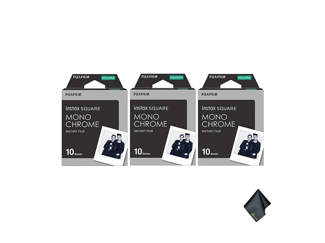 INSTAX Square Monochrome Film 30 Exposures Bundle For Instant Photos, Scrapbooks & Sharing Includes Cleaning Cloth