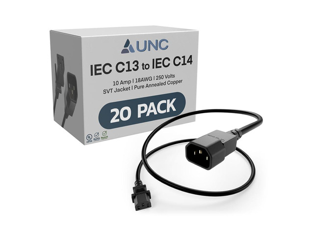 PDU Power Cable C13 to C14, 2 Foot - 20 Pack Black, 10 Amp - SJT 250V, UL Listed, 18AWG IEC Extension Cord, Reliable Server Rack Power Cable for...