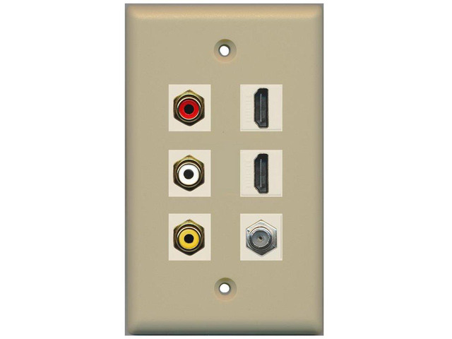 3 x RCA - 2 X HDMI and 1 x Coax Cable TV Port Wall Plate - Ivory