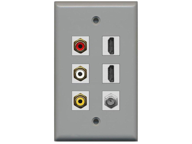 3 x RCA - 2 X HDMI and 1 x Coax Cable TV Port Wall Plate - Gray