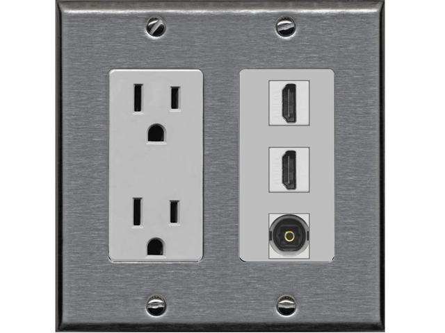 15 Amp Power Outlet 2 Port HDMI 1 Port Toslink Decorative Wall Plate - Stainless Steel/Gray