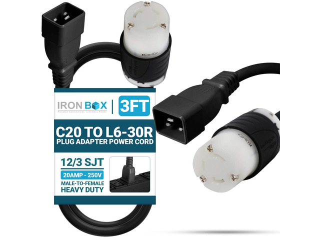 IronBox Electric IEC C20 to L6-30R Plug Adapter Power Cord - 20A, 250V, 12/3 SJT - UL Listed Power Supply - Heavy Duty Extension Cable for Data...