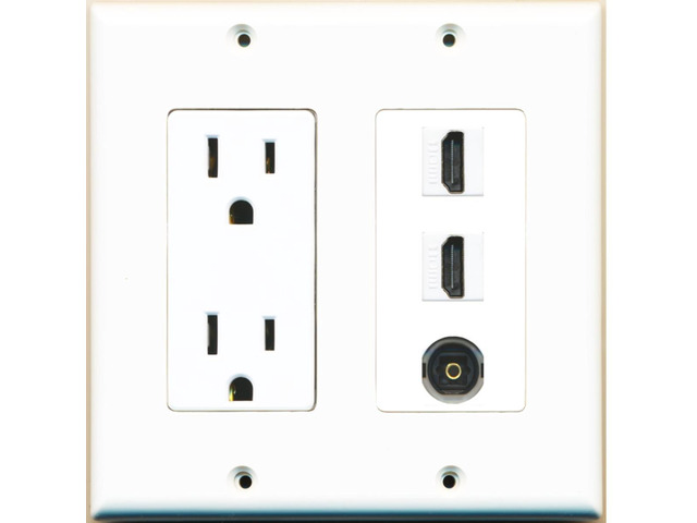 15 Amp Power Outlet 2 Port HDMI 1 Port Toslink Decorative Wall Plate - White