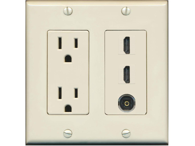 15 Amp Power Outlet 2 Port HDMI 1 Port Toslink Decorative Wall Plate - Light Almond