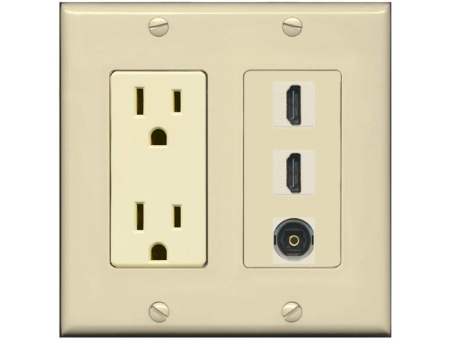 15 Amp Power Outlet 2 Port HDMI 1 Port Toslink Decorative Wall Plate - Ivory