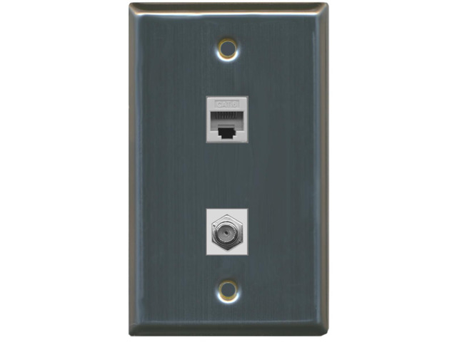 1 Port Coax Cable TV- F-Type 1 Port Cat6 Ethernet Wall Plate - Stainless Steel/Gray