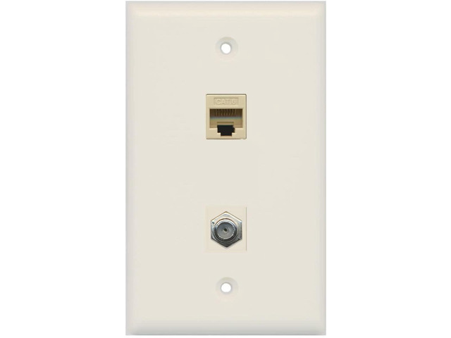 1 Port Coax Cable TV- F-Type 1 Port Cat6 Ethernet Wall Plate - Light Almond