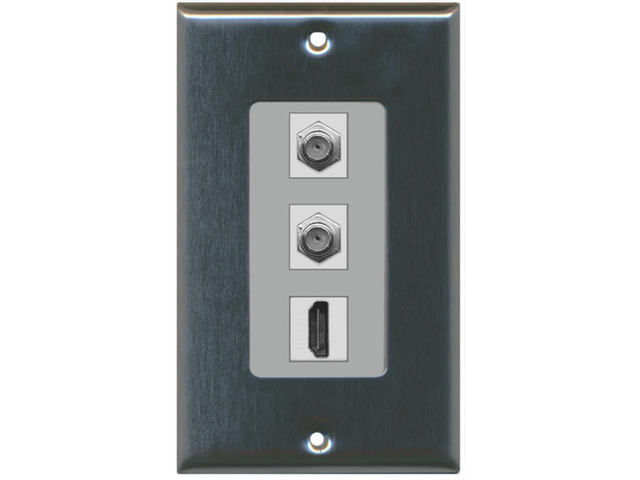 1 Port HDMI 2 Port Coax Cable TV- F-Type Decorative Wall Plate - Stainless Steel/Gray