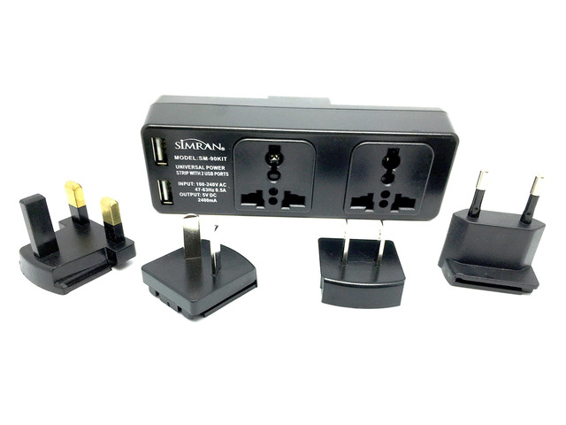 SM-90KIT Universal Power Strip Worldwide Travel 100V-250V Surge Protector with 2-AC Outlets, 2-USB Ports and UK/USA/AU/EU Plugs Plus Carrying Case