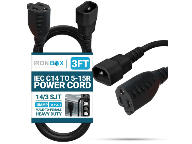 IronBox Electric IEC C14 to 5-15R Power Cord - 15A, 125V, 14/3 SJT - UL Listed Power Cord Adapter - Heavy Duty Plug & Connector Extension Cable for...