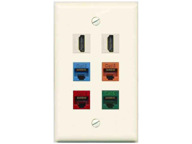 2 HDMI 4 Cat6 Ethernet Mixed Color Wall Plate - Flat Style [Light-Almond]