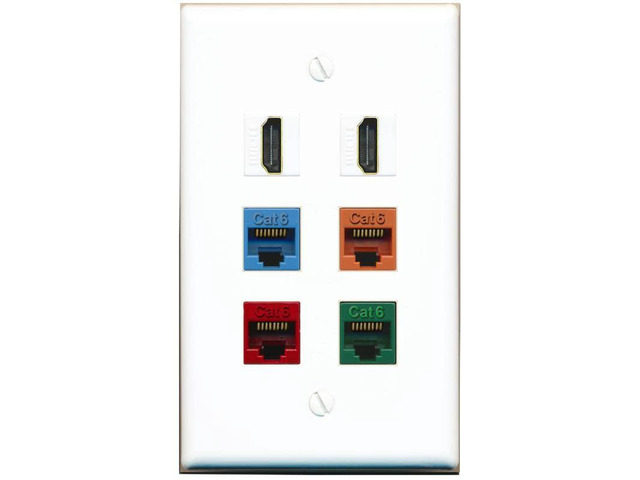 2 HDMI 4 Cat6 Ethernet Mixed Color Wall Plate - Flat Style [White]