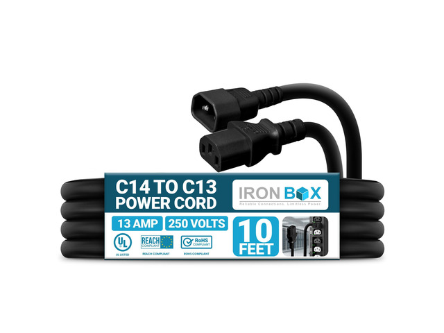 IronBox Electric C14 to C13 Power Cord - 13A, 250V,16/3 SJT - UL Listed Jumper Cord and IEC Power Cable - Heavy Duty Plug and Connectors for...