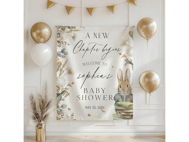 A New Chapter Begins Baby Shower Backdrop Linen Fabric, Floral Bunny Welcome Sign Banner, Neutral Baby Shower Decorations Photo Booth Background...