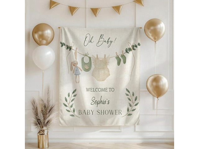 Oh Baby Shower Backdrop Linen Fabric, Green Boho Clothesline Welcome Banner, Neutral Baby Shower Decorations Photo Booth Background for Girls Boys