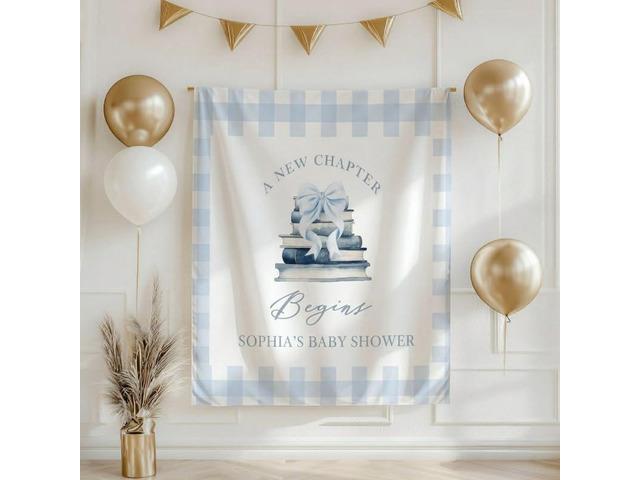 Baby Shower Backdrop Linen Fabric Blue Gingham, A New Chapter Begins Banner with Books and Bow, Baby Boy Shower Decorations Photo Booth Background