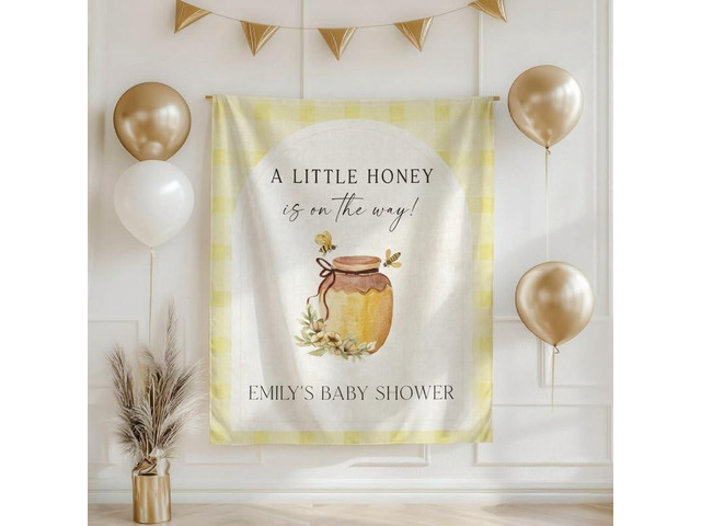 A Little Honey is on the Way Baby Shower Backdrop Linen Fabric, Bee Honey Jar Welcome Banner, Yellow Gingham Baby Shower Decorations Photo Booth...