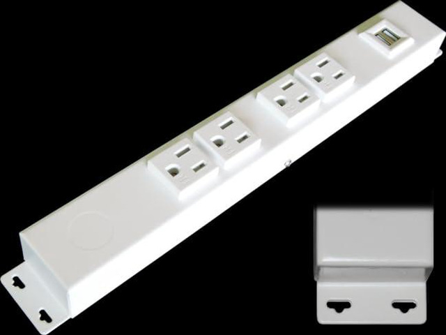 12 Hardwired Power Strip (NO Power Cord), 4 Tamper Resistant Outlets (NEMA 5-15R - NOT 20Amp), with Ears (with mounting tabs on Both Ends), USB, White