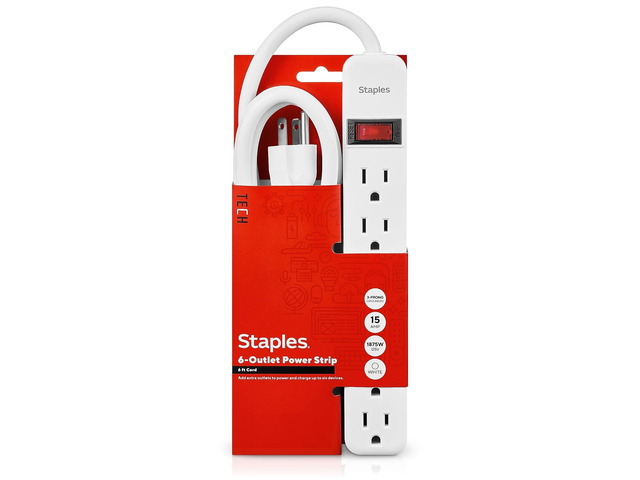 6-Outlet Power Strip, 6 Ft Cord, White Extension cord for home, office, and dorm room electronics and devices