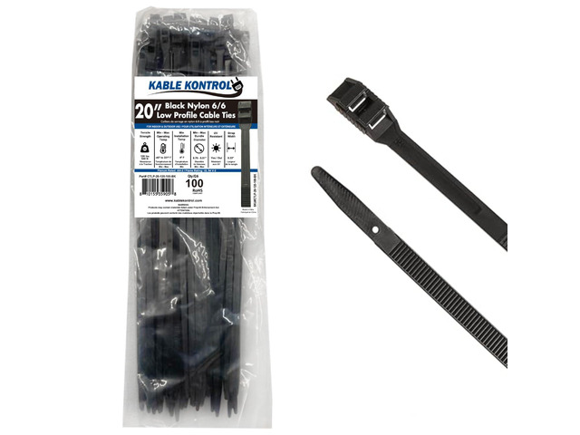Low-Profile Cable Ties 20 Inch 100 Pcs, 120 Lbs Test - Black Double Locking Cable Ties UL Listed Inline Zip Ties - Chemical, UV & Abrasion...