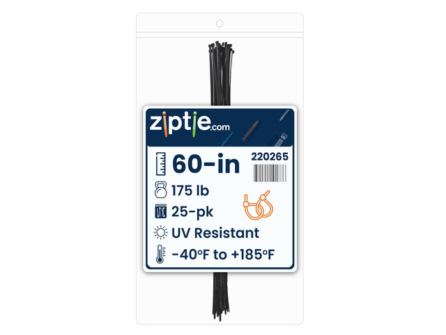 60-inch UV Resistant Black Multi-Purpose Zip Tie, 175-lb Tensile Strength, UL 21S Listed, 25-Pack