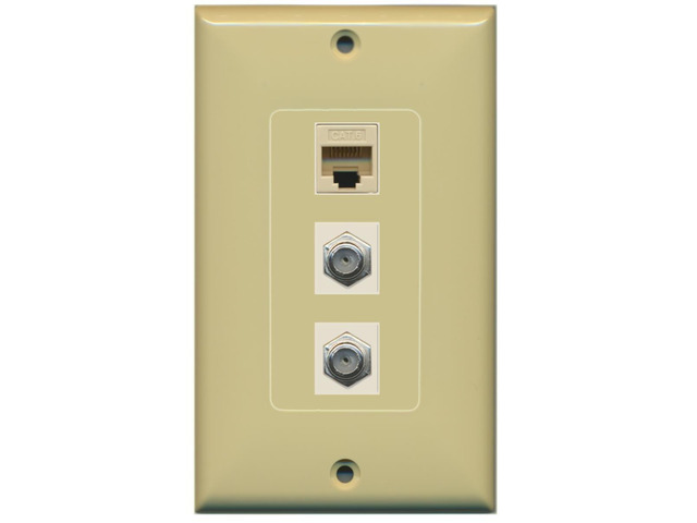 2 Port Coax Cable TV- F-Type and 1 Port Cat6 Ethernet Decorative Wall Plate - Ivory