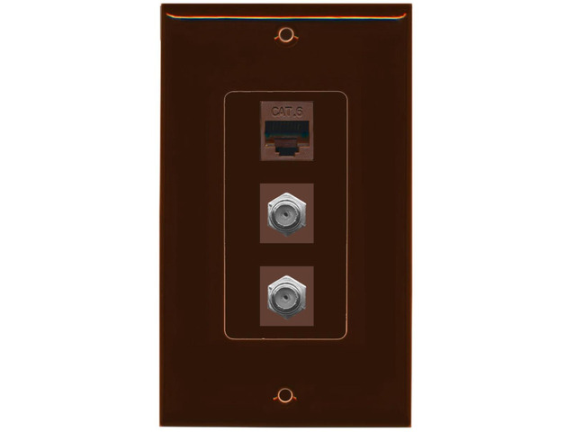 2 Port Coax Cable TV- F-Type and 1 Port Cat6 Ethernet Decorative Wall Plate - Brown