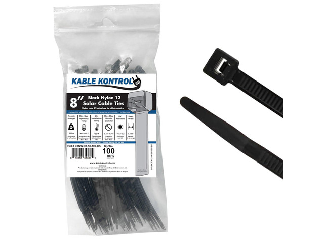 Solar Cable Ties PA 12, 8 Inch 100 Pcs, 50 Lbs Test - Black PA 12 Nylon UV & Chemical Resistant Solar Pannel Zip Ties for Indoor, Outdoor, and...